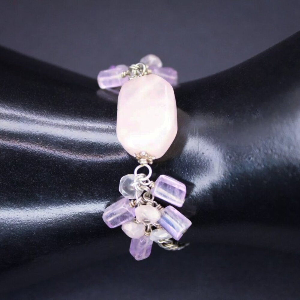 Vintage 925 Sterling Silver Rose Quartz Amethyst Beaded DBL Curb Chain Bracelet